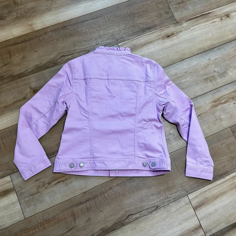 NWT - Talbots Lilac Ruffle Neck Denim Jacket MP Stretch Cotton Blend Petite - Picture 9 of 10